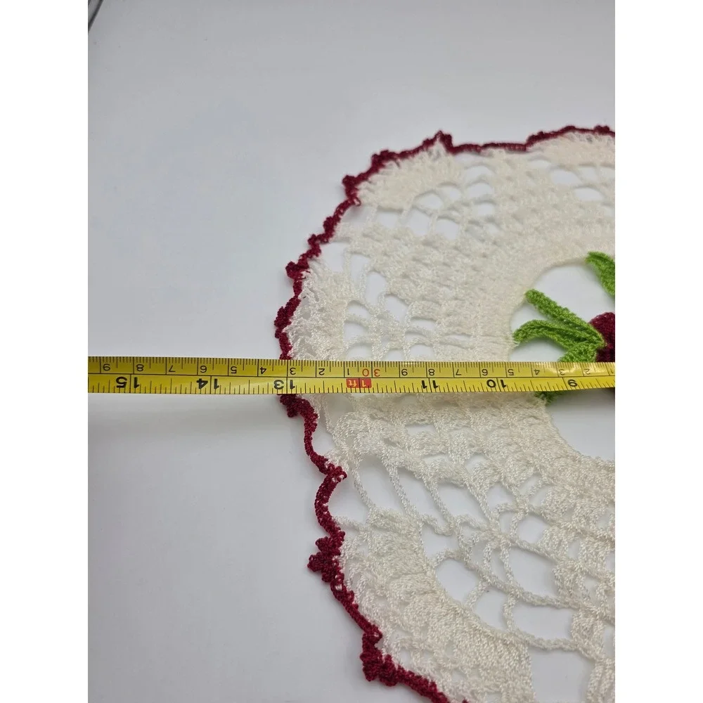Vintage Handmade Crochet Rose Doily Floral Lace 3D Centerpiece Red White 12.5 N3